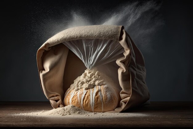 Still life of a large sack full of flour with loaves of bread on a dark background Generative AI