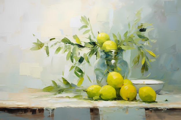 Photo still life in light green tones oil painting in impressionism style horizontal composition
