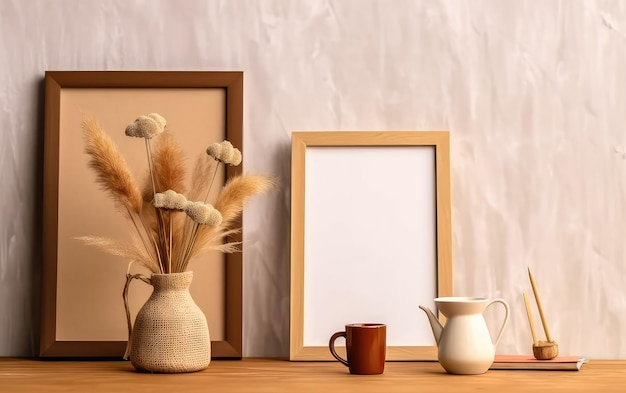 A still life of a living room with a vase and a picture of wheat on a table.