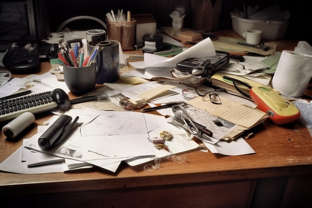 Still life of messy office desk