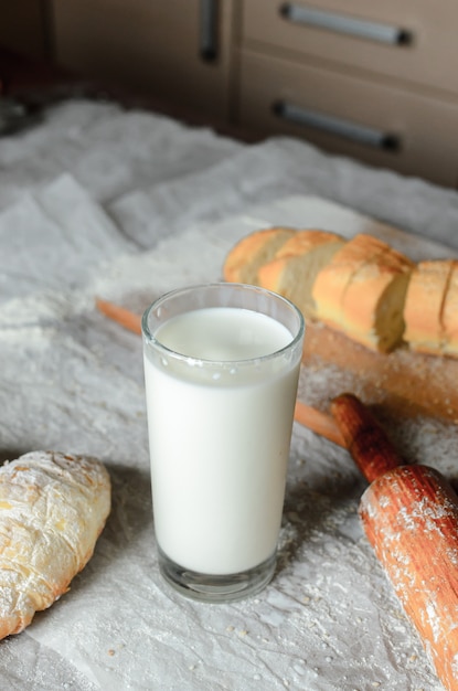 Still life of milk and bread products.