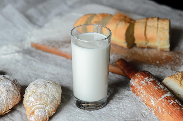 Still life of milk and bread products