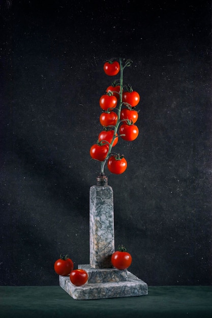 Still life Monument with cherry tomatoes and granite pedestal