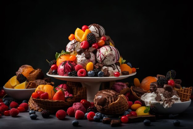 写真 フルーツ,ワッフル,チョコレートで飾られた様々なアイスクリームの静物.