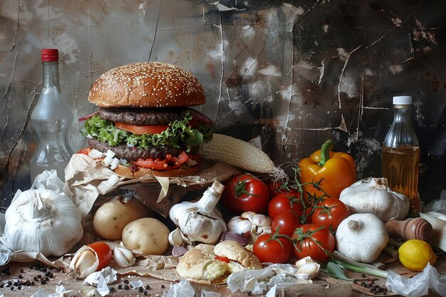 写真 美味しいアメリカンハンバーガーの静物