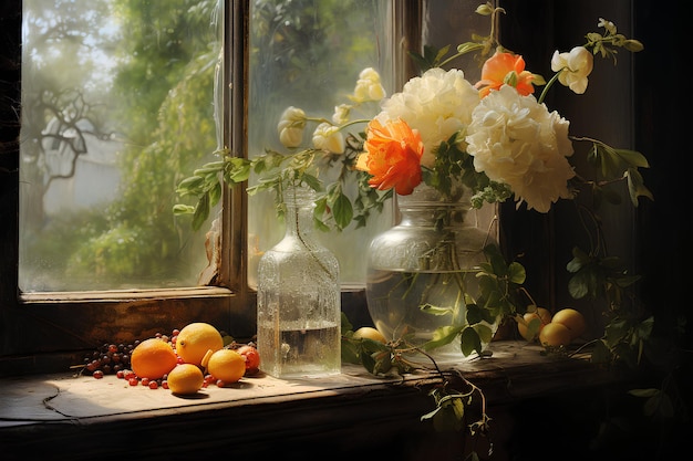 Photo still life orange and white flowers and glass jug with drink and fruits with window on background