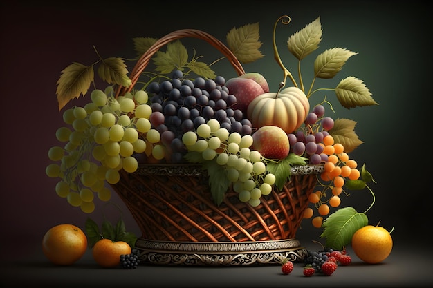 A still life painting of a basket of fruit generative ai