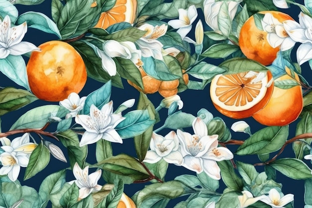 Photo still life painting featuring oranges and flowers against a blue backdrop generative ai