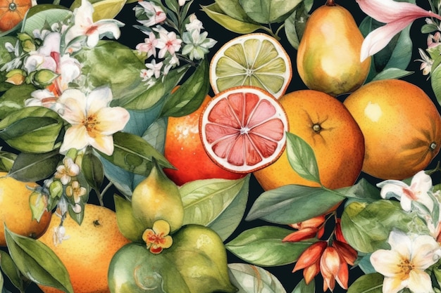 Still life painting featuring oranges and flowers set against a black backdrop Generative AI