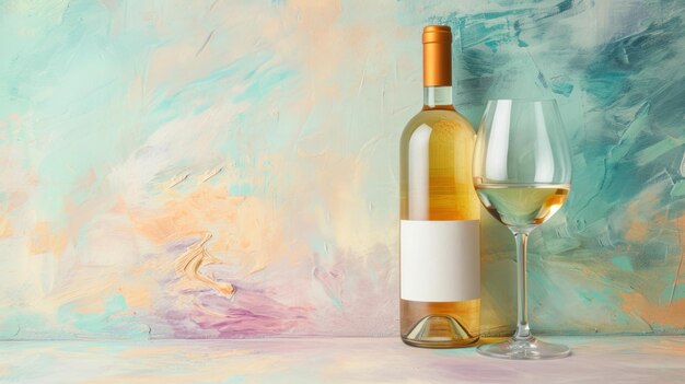 Photo still life painting of wine bottle and glass on table