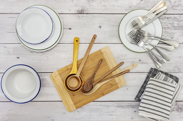 A still life photo seen from the top with wooden spoons