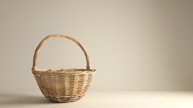 Photo still life photography of a wicker basket on a beige background the basket is empty and has a handle