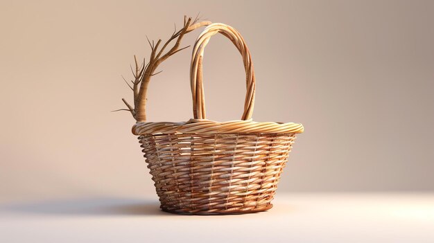 Photo still life photography of a wicker basket with a unique branch handle against a beige background the basket is empty and sits in a soft spotlight