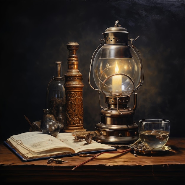 Photo still life photography with a lamp a pen a lantern