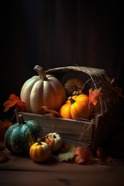 A still life of pumpkins in a wooden box