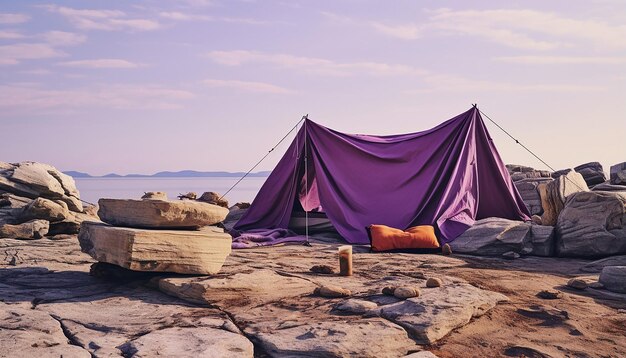 still life rocks purple tent camping