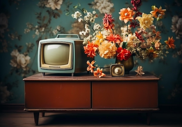 Foto sala di natura morta con vecchia televisione d'epoca tempo analogico generato dall'ai