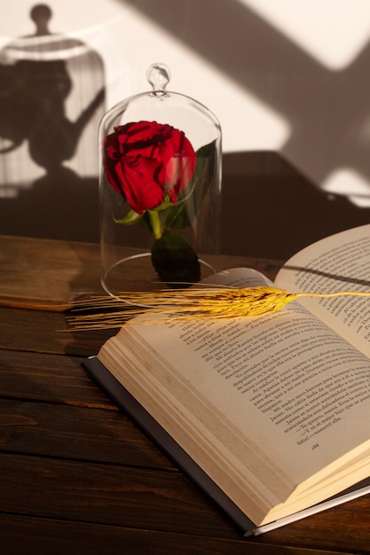 Foto natura morta di sant jordi per il giorno dei libri e delle rose