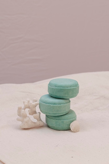 Still life shampoo bar with coral and shells