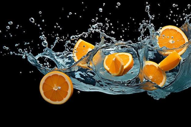 Still life shot of orange slices falling under the water and making a big splash