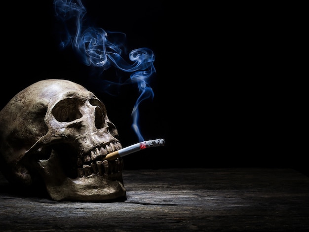 정물 두개골과 담배 사람들이 담배를 피우고 독소 몸을 얻습니다.