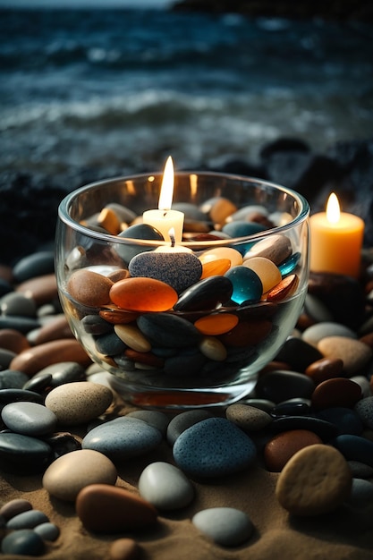 Still life Smooth Beach stones in glass bowl candle light on the sea side