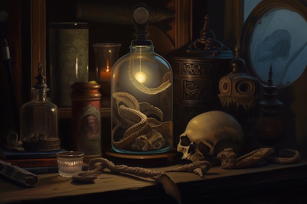 A still life of a snake in a bottle