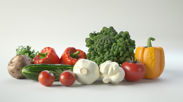 Still life of a variety of fresh vegetables including broccoli peppers tomatoes cucumber garlic and mushrooms