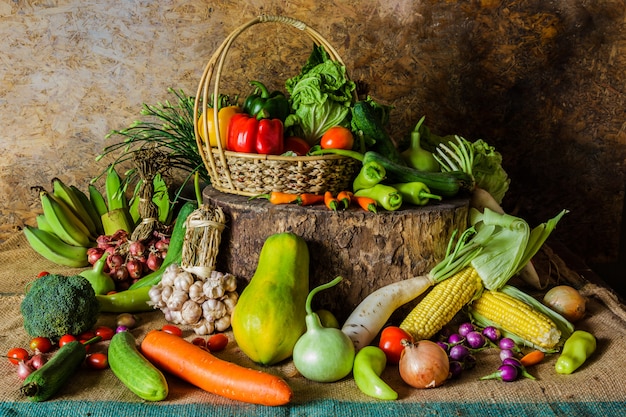 Still life vegetables, herbs and fruit.