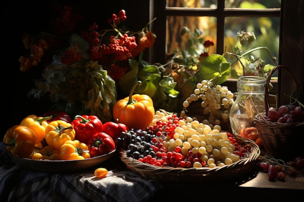 Still life of vegetables light and the play of light and shadow on the wall