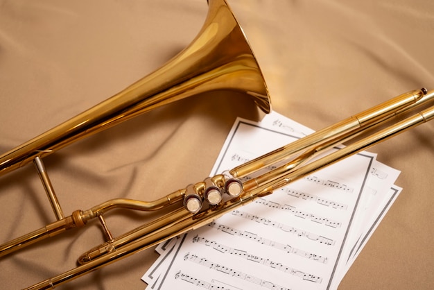 Still life of wind instrument for world music day