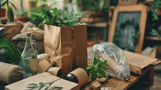 写真 茶色の紙袋ガラスのボトルいくつかのプラスチック包装物いくつかの植物を含む様々なオブジェクトの静物