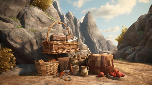 Still life with a basket of bread and a basket on a wooden table