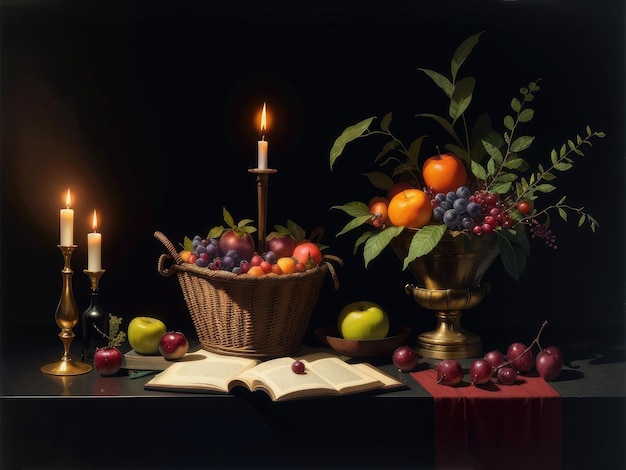 Photo a still life with a basket of fruit and a candle.