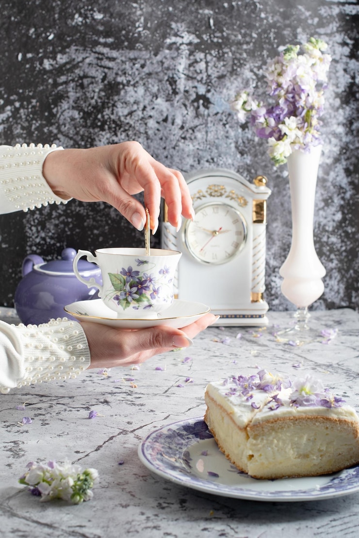 Photo still life with black tea and cheese cake spring bouquetdelicate lilac flowers