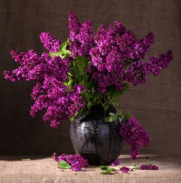 Still life with  blooming branches of lilac in vase