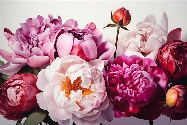 Still life with blooming peonies on light background