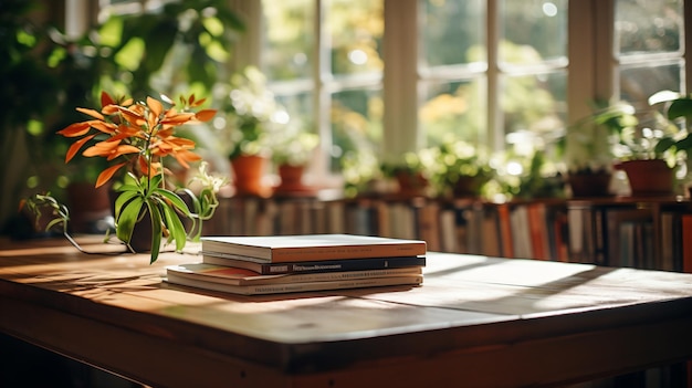 Still life with books and plants by the window