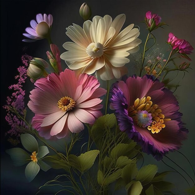 Still life with a bouquet of flowers on a black background Generated by AI