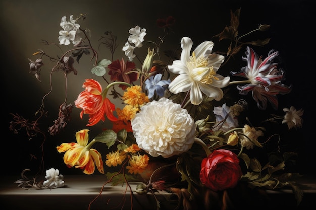 Still life with a bouquet of flowers on a dark background A painting of a bouquet of flowers created in the style of Realism AI Generated