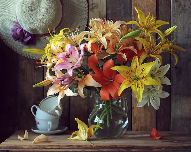 Still life with a bouquet of lilies.