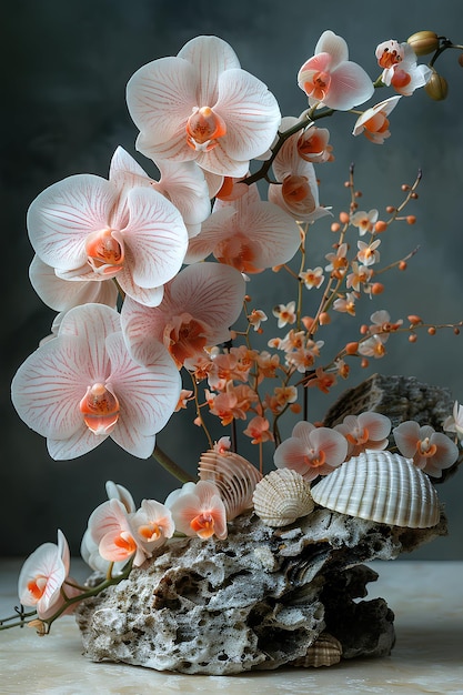 натюрморт с ветвями экзотической розовой орхидеи с морскими раковинами на старинном сером фоне