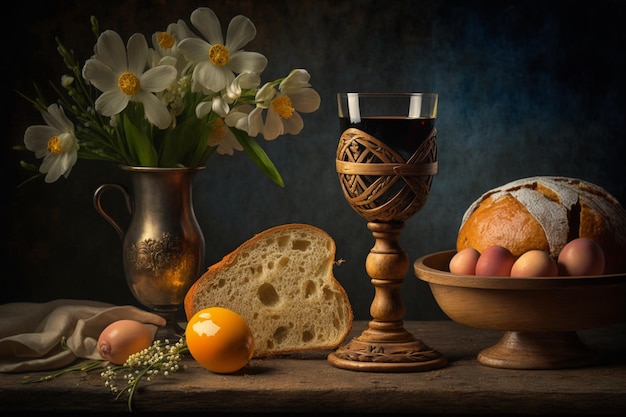 A still life with bread eggs and bread