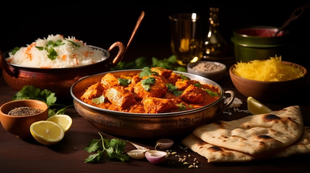 A still life with butter chicken naan and biryani as a North Indian dinner