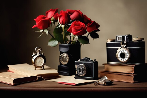 still life with a camera and red rosesstill life with a camera and red rosesvintage camera and red r