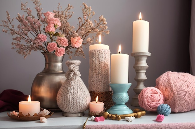 Still life with candles in candlesticks decor details and knitted items the concept of valentine's day and home decor