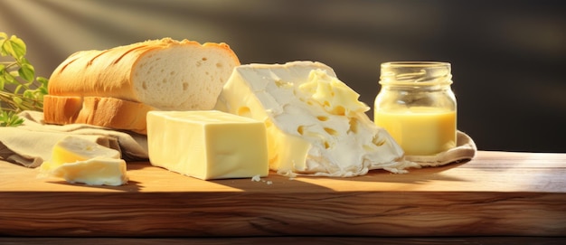 Still life with cheese bread and oil on a black background