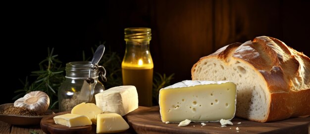 Still life with cheese bread and oil on a black background