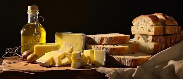 Still life with cheese bread and oil on a black background