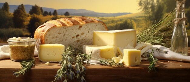 Still life with cheese bread and oil on a black background